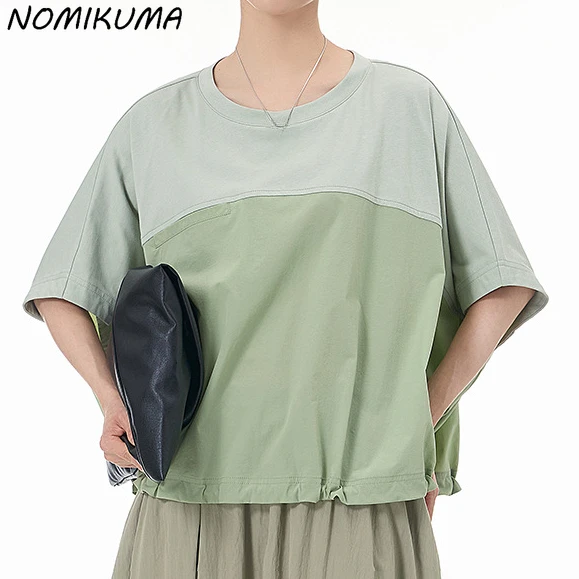 Nomikuma New Japan Korea Women's 2024 Summer Contrast Colored Spliced Causal T-shirt Short Sleeve Graphic T Shirts