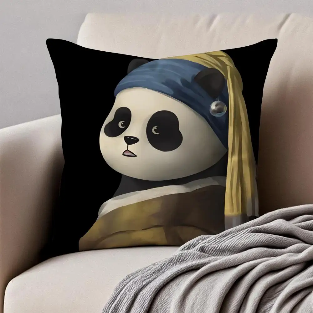 Retro Adorable Cute Panda Cartoon Art Cushion Cover Pillowcase Anti Dustmite Invisible Zipper Short Plush Sofa Cushion