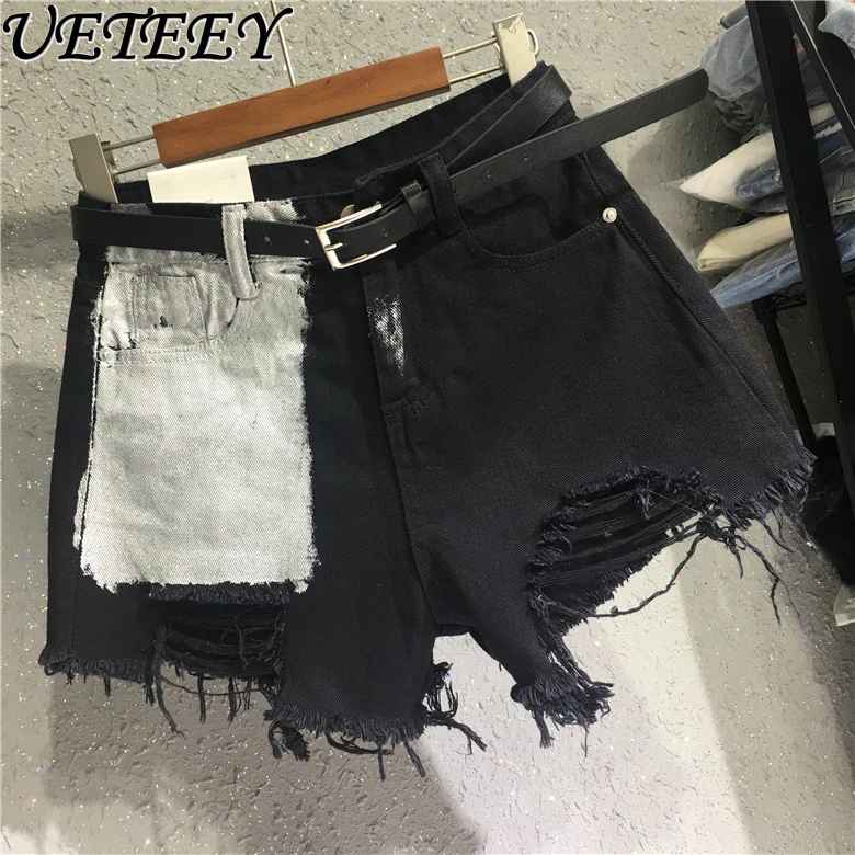 2025 Summer New Korean Version Pocket Spray Paint Denim Shorts Women Loose and Thin Ripped Rough Edge Wide Leg Shorts Hot Pants