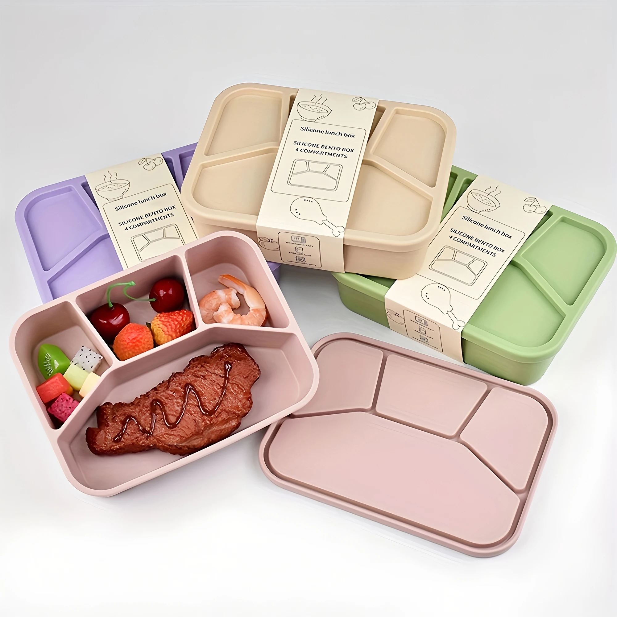 Silikon-Bento-Box, vier Fächer, wiederverwendbare Silikon-Lunchbox, verdickt und auslaufsicher, lebensmittelecht, unterteilter Lunchbehälter für unterwegs. – Detail 2