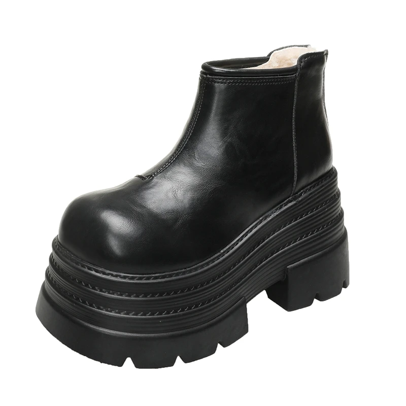 

10CM New Women Winter Chunky Ankle Snow Boots High Platform Fur Shoes Wedge Heels Plush Warm Short Boots Leather Chelsea Botas
