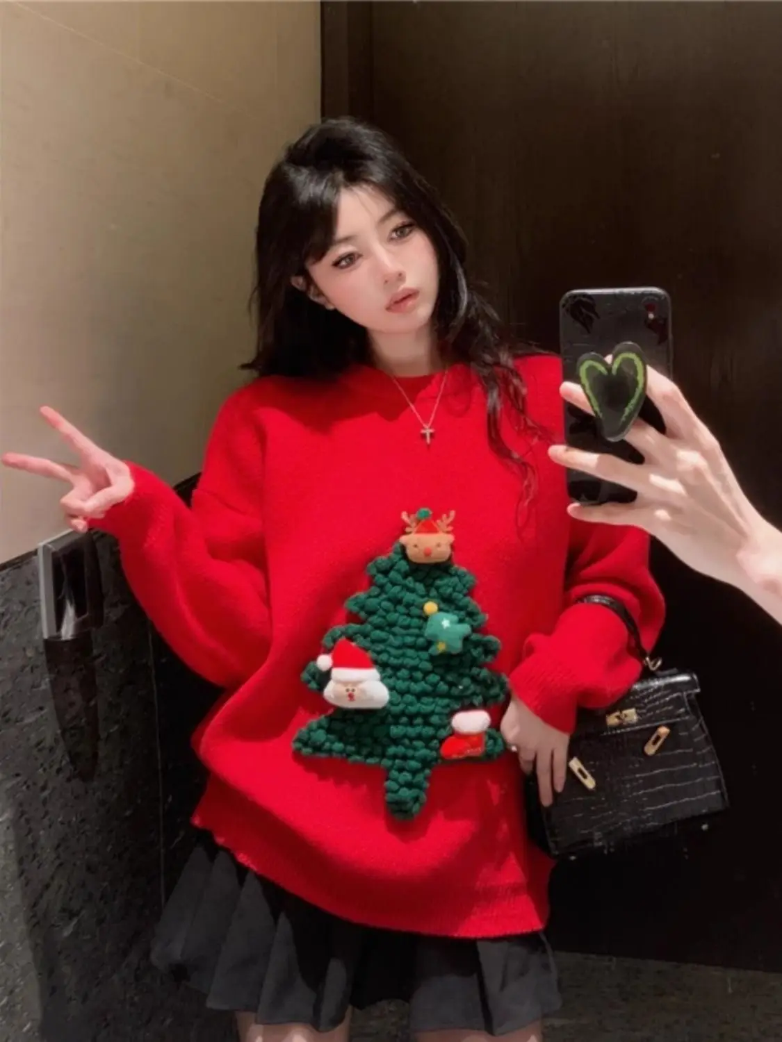 Speciale stijl, leeftijdverminderende zoete losse top voor Kerstmis Rode trui Gebreide trui