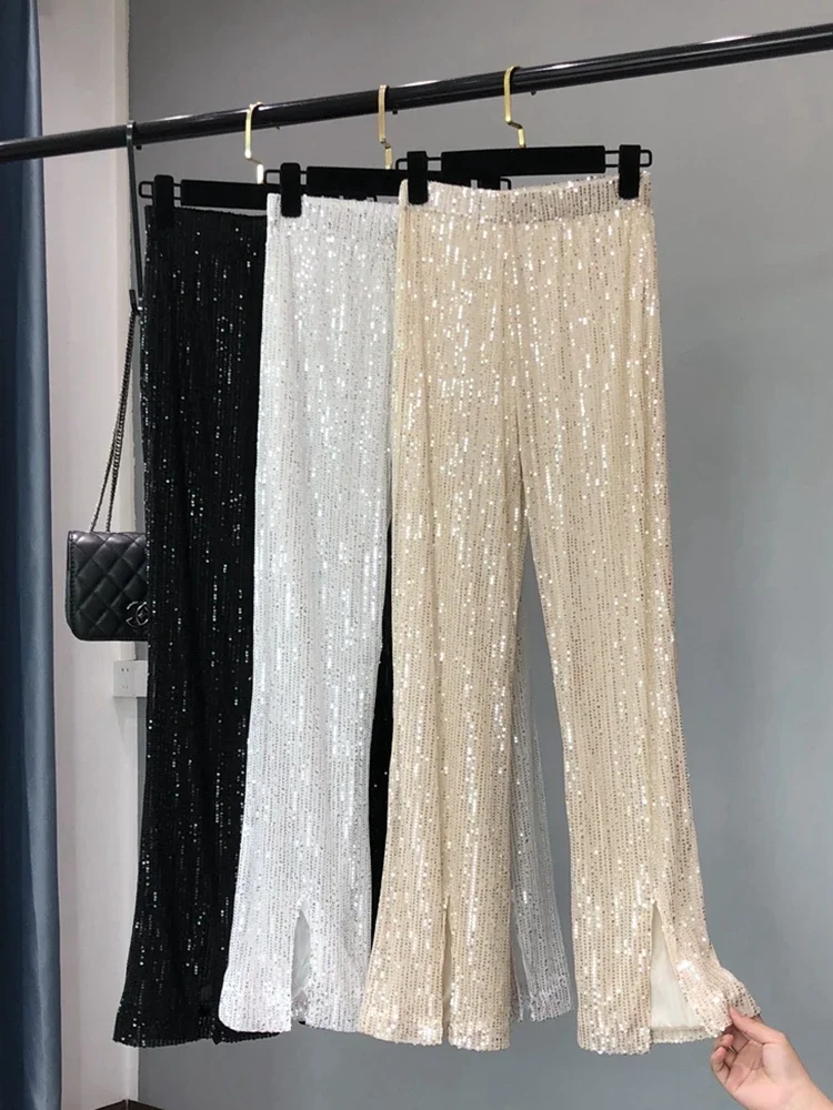 

2024 New Autumn and Winter Women's Fashionable Shiny White Trousers, Versatile Slimming High Waist Sequined Flared Trousers