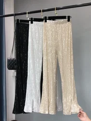 2024 New Autumn and Winter Women's Fashionable Shiny White Trousers, Versatile Slimming High Waist Sequined Flared Trousers