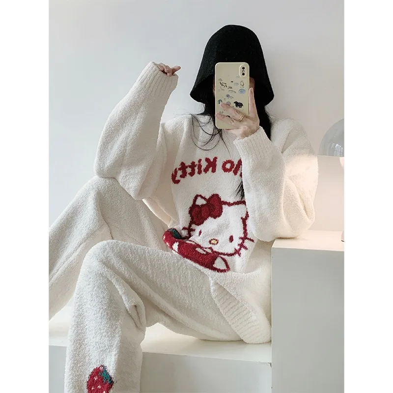 

Kawaii Hello Kitty Pajamas Anime Girl Sweet Cute Pajamas Winter Fleece-lined Thicken Keep Warm Knitted Plush Homewear Set