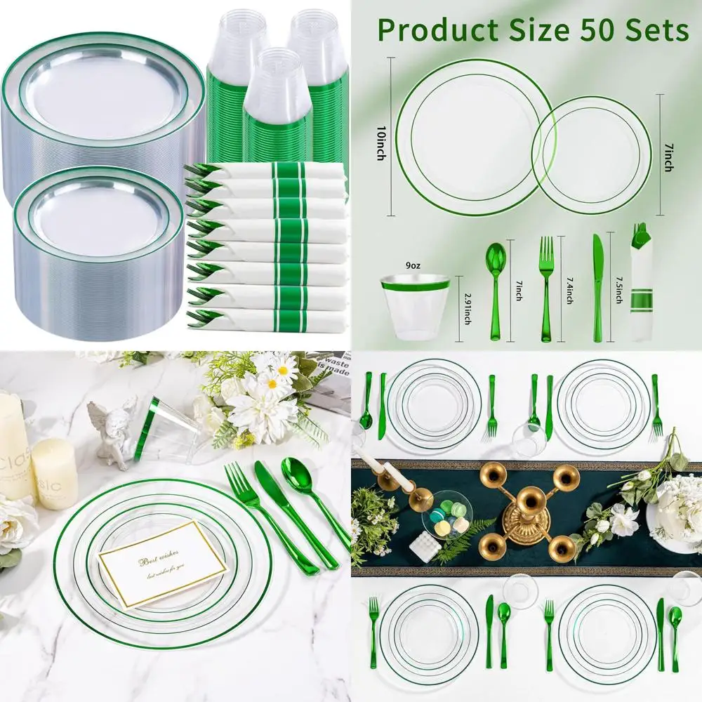 

Набор зеленой пластиковой посуды для 50 гостей: 50 прозрачных обеденных тарелок, 50 десертных тарелок, идеально подходит для вечеринок и мероприятий