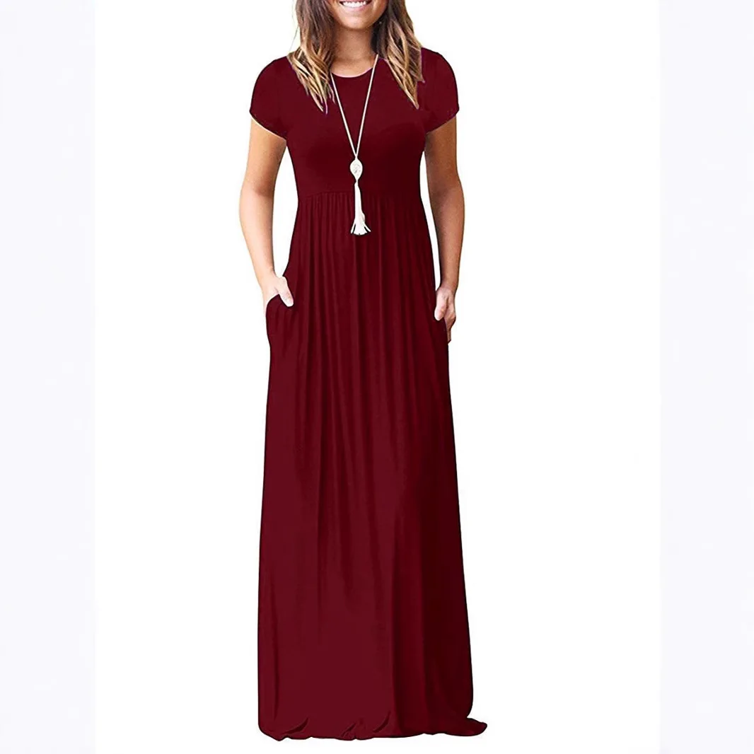 

2025 Black Blue Purple Maxi Dress for Women Short Sleeve Casual Summer Loose Plain Comfy Long Dresses with Pockets