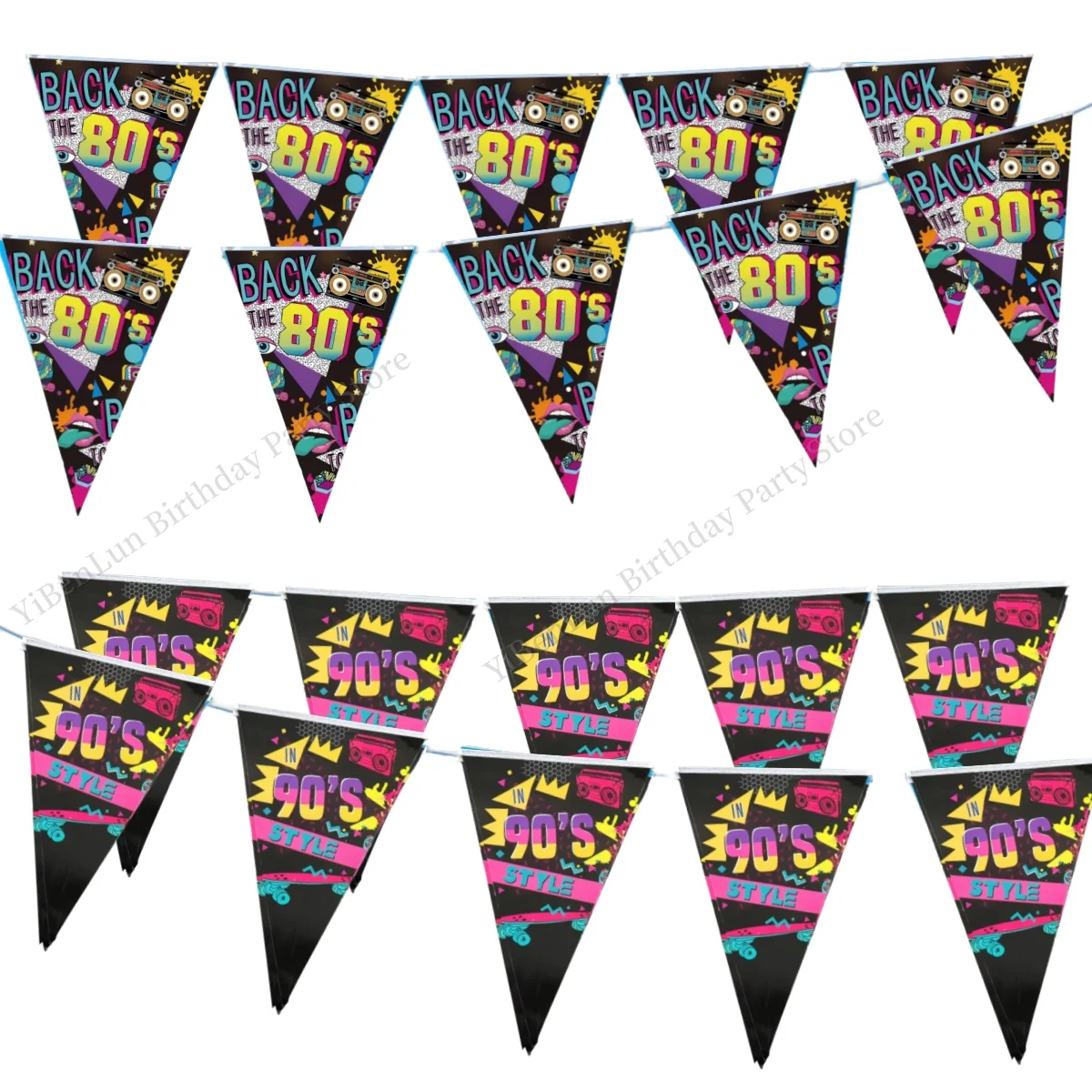 Hip Hop 80‘s Party Flag Banner 90s Bunting Pennant Retro Disco Music Garland Flag Girls Boys Favors Hanging Decor Party Supplies