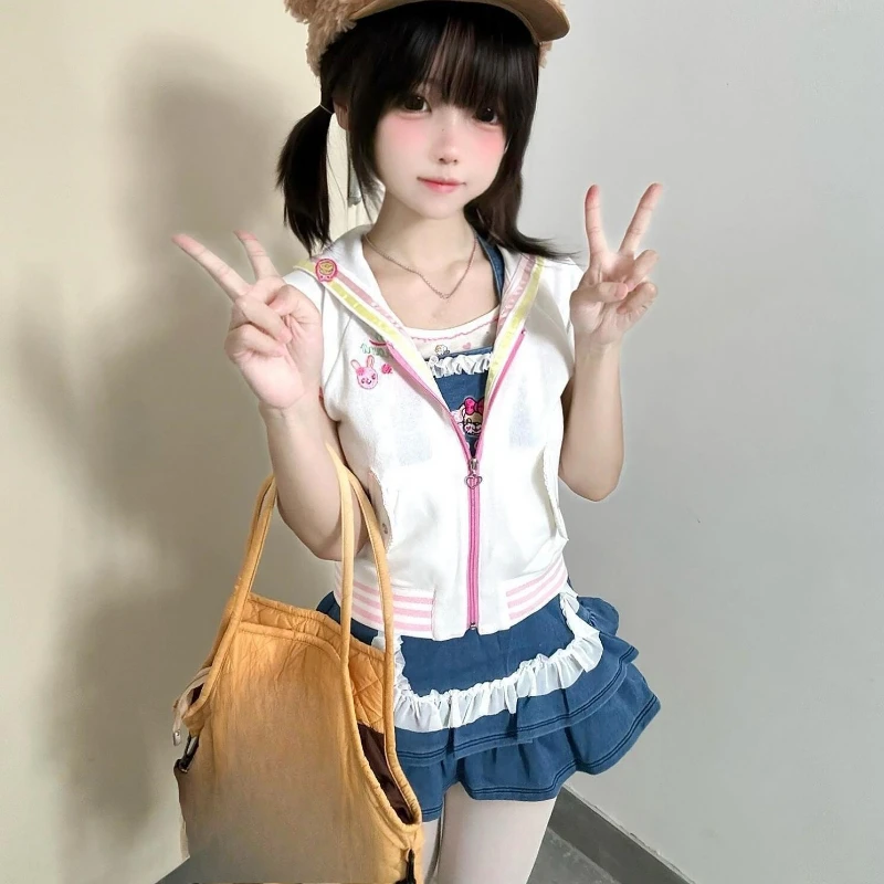 اليابانية Kawaii مقنعين تي شيرت المرأة عادية Y2k المحاصيل القمم لطيف الكرتون تيز Y2k الجمالية الجرونج سستة عادية ​ بلوزات