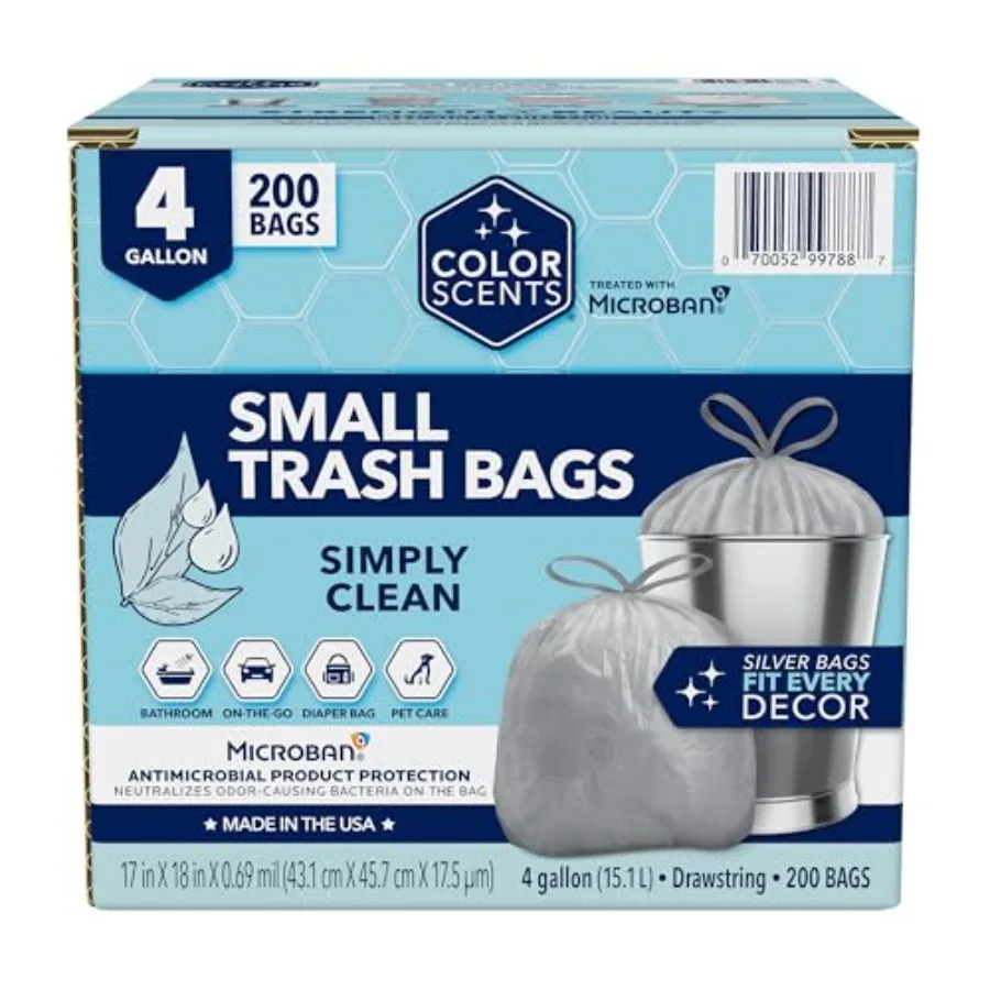 

Small Trash Bags - 4 Gallon 200 Bags 1 Pack of 200 Count Drawstring - Silver Bag in Simply Clean Scent with Microban