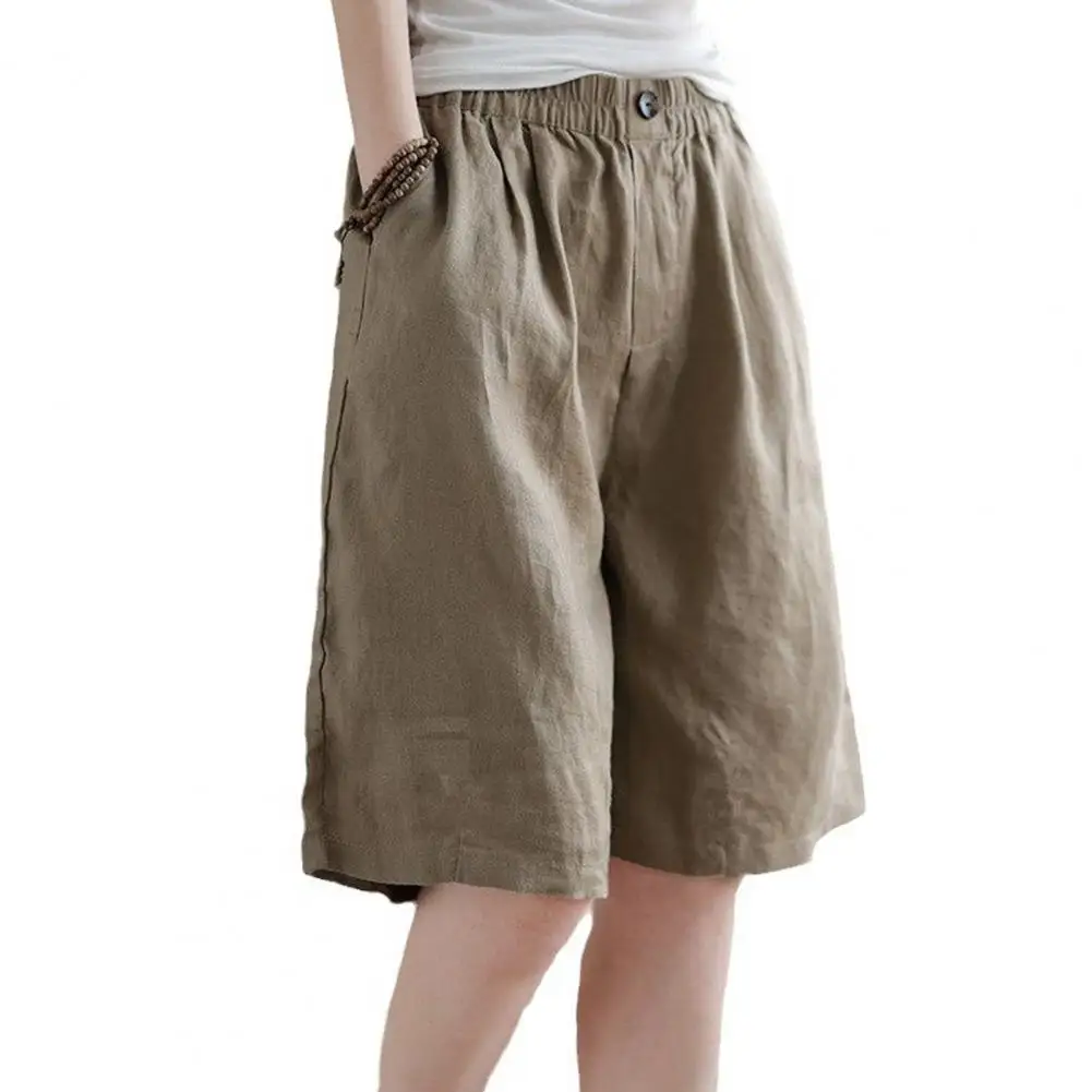 Charming Wide-leg Trousers Stylish Women's Knee-length Shorts Elastic High Waist Loose Fit Pockets for Casual Beach or Everyday