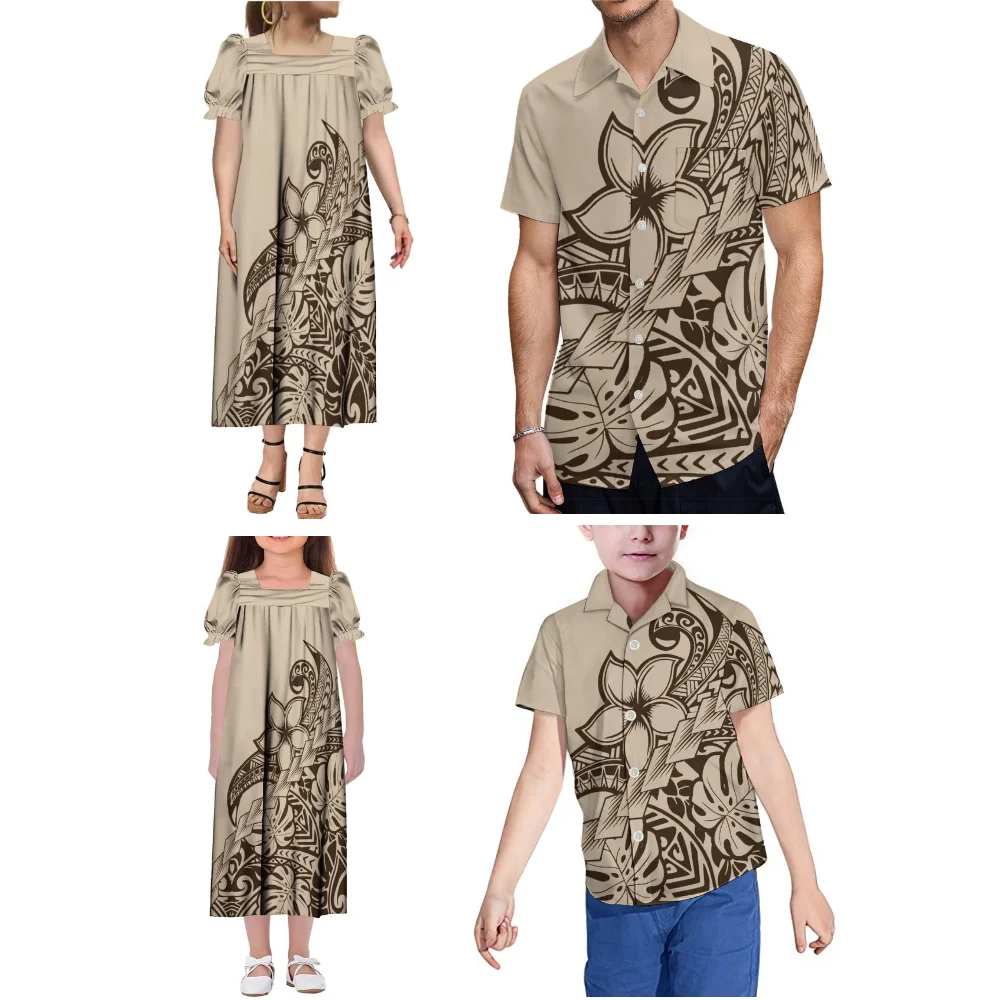Maßgeschneiderte hawaiianische bedruckte Hemdoberteile für Herren und Jungen, Mumu-Kleider für Damen und Mädchen, polynesische Familien-Party-Outfits