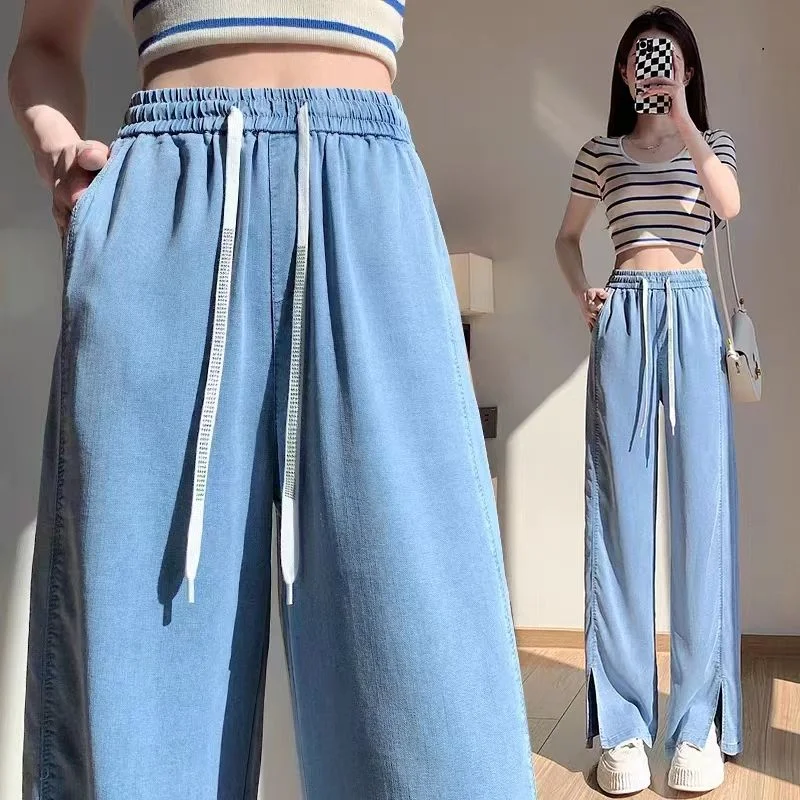 

2023 Summer New Thin Denim Women Split High Waist Loose Slim Ice Silk Wide Leg Pants