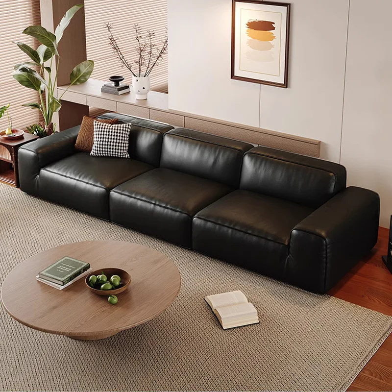 

Italian minimalist leather sofa first layer cowhide living room three-person sofa modern simple straight row big black cow sofa