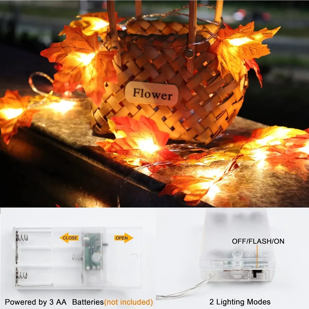 1,5 m 10 LED/3 m 20 LED/6 m 40 LED-LED-Ahornblatt-Lichterkette, geeignet für Halloween-Erntedankfest-Weihnachtsdekoration im Innenbereich