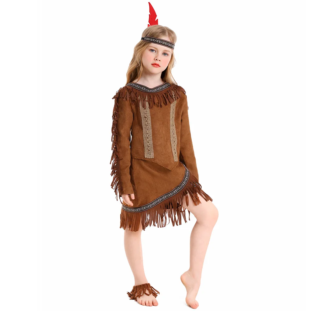 Halloween Kid Cosplay Aboriginal Indian Chief Costume Children Cosplay Costume Cute Funny Fringe Dress Sets for Girls