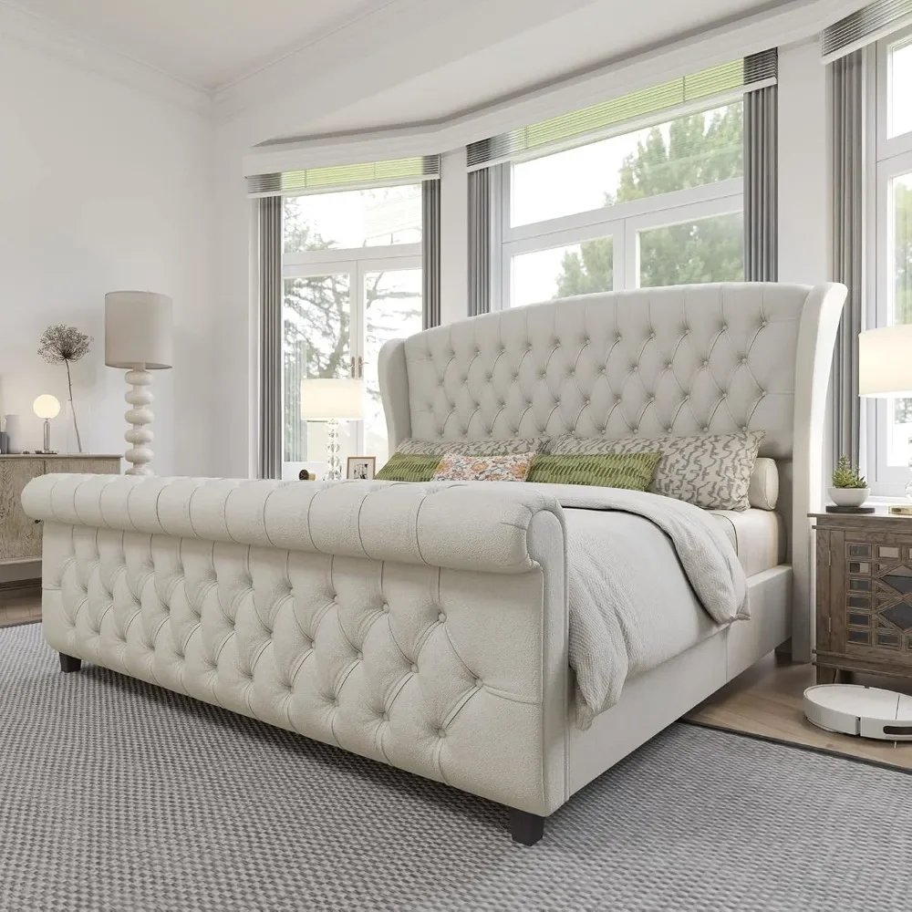 

Platform Bed Frame, Chenille Upholstered Sleigh Bed with Scroll Wingback Headboard & Footboard/Button Tufted/No Box Spring