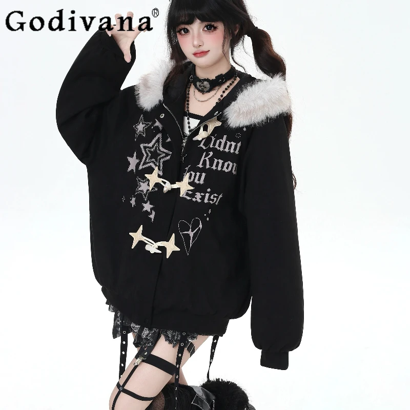 الشتاء القطن وسادة مبطنة المرأة الأصلي نجمة رسالة انفصال فضفاض سترات الإناث النمط الياباني فضفاض مقنعين سترة