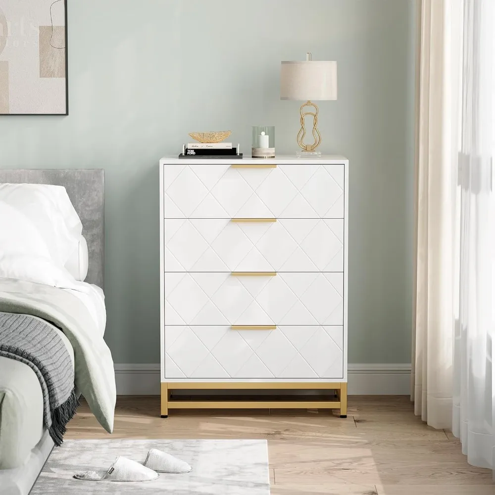 4 Drawer Dresser, Chest of Drawers, Storage Tower with Metal Handles and Legs, Storage Organizer Unit with Anti-Tipping Device