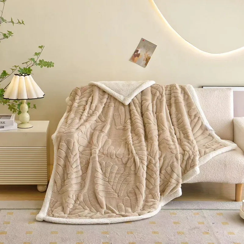 

Banana Leaf Jacquard Faux Rabbit Fur Blanket Double Layer Lamb Bedspread for Home Office Skin Friendly Warm Sofa Throw Blankets