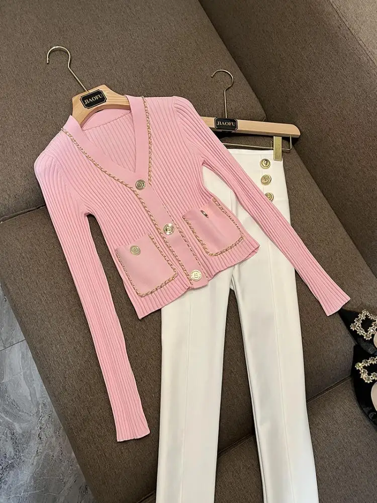 

Вязаный топ Ele Letter Metal Bule Long Sve V-Ne с открытым кардиганом, модное зимнее новое поступление F729 OL Sle для поездок на работу