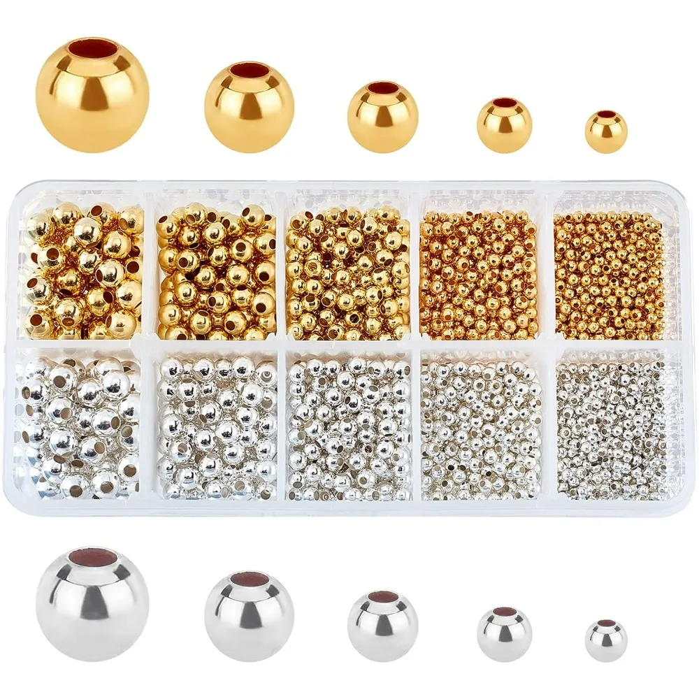 부드러운 라운드 금속 비즈 골든 실버, 작은 스페이서 라운드 비즈, 심리스 루즈 볼 비즈, 여름 제작 키트, 2340 개, 5 사이즈