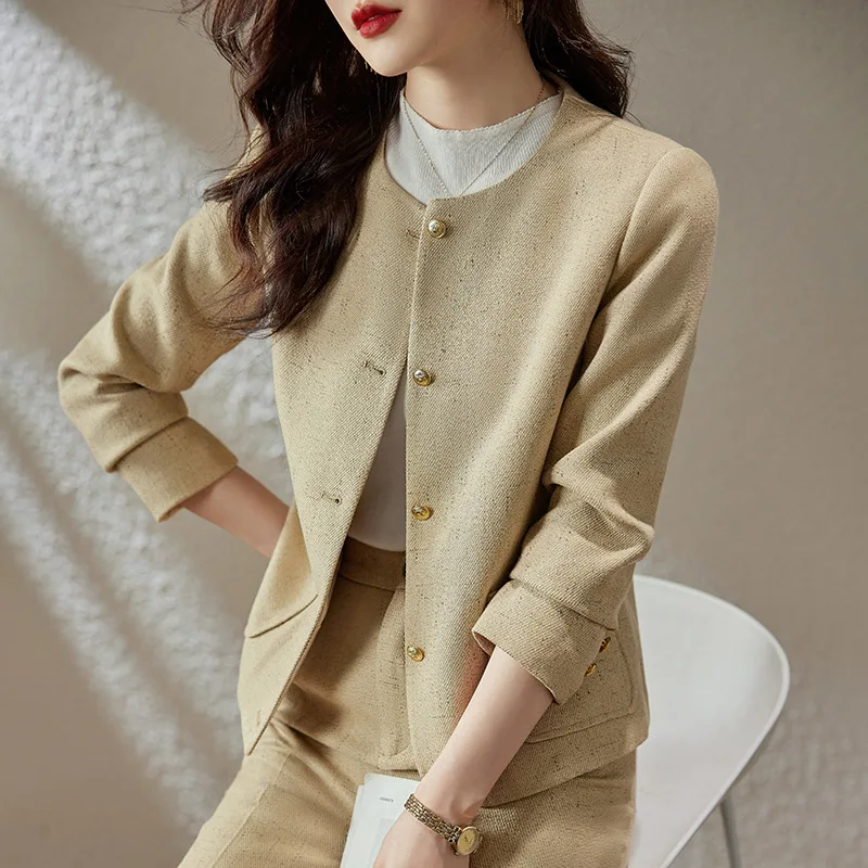 

Pant Suits Women Fashion Commuter Office Ladies Luxury Round Neck Single-breasted Blazer Jacket Straight Pants 2pcs Matching Set