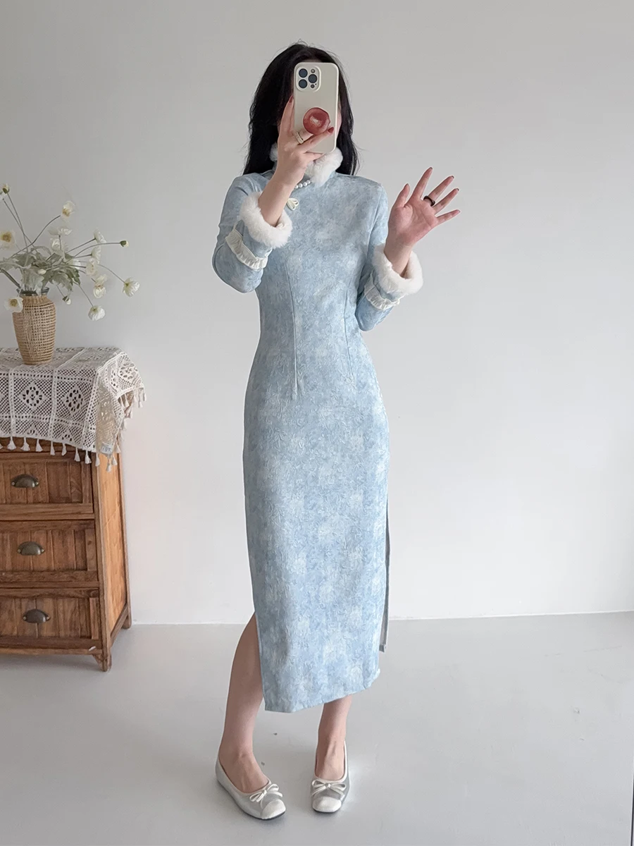 

Китайское платье Ципао Jiangnan Fu с длинным рукавом, воротником из искусственного меха, утепленное, осенне-зимнее, теплое, повседневное, красивое, для офиса