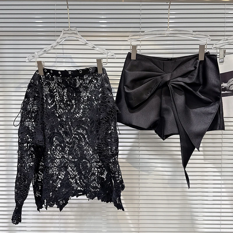 Women's Spring Sexy Two Piece Set Off Shoulder Lace Hollow Out Shirt+ Asymmetrical Bow Lace Up Short Y2K Personality Set