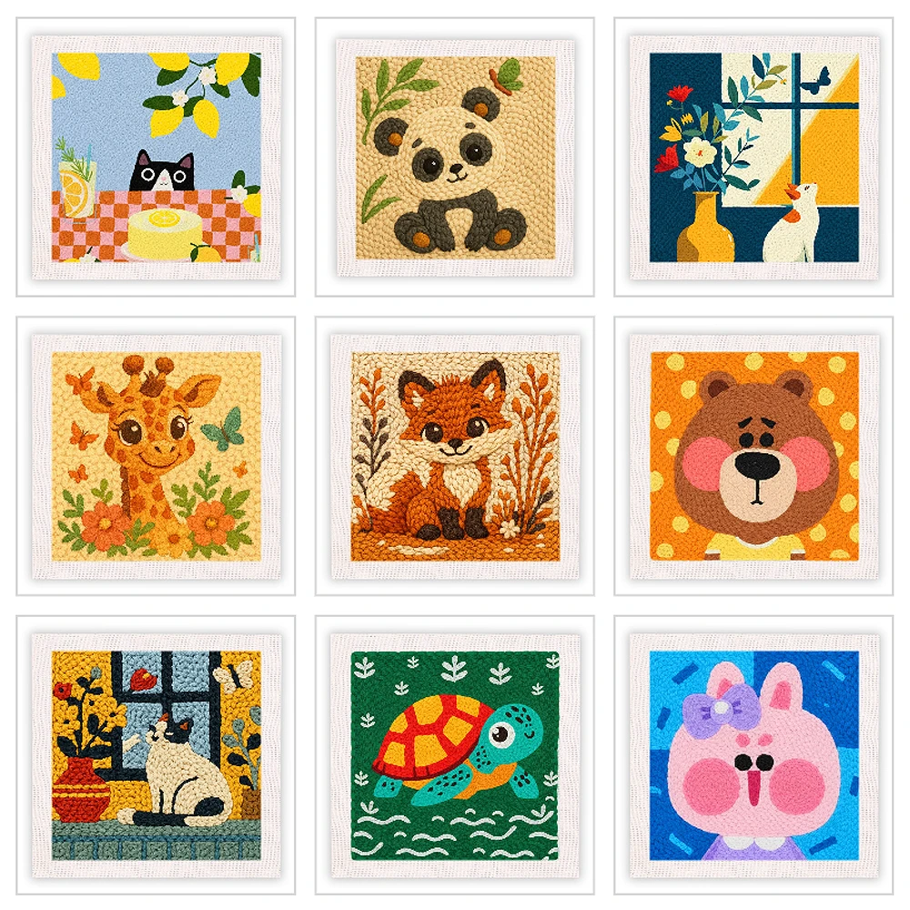 

25x25cm Easy Punch Needle Embroidery Kits for Beginners Adults Cute Animals Art Work Decor Punch Stitching kit Home Decoration