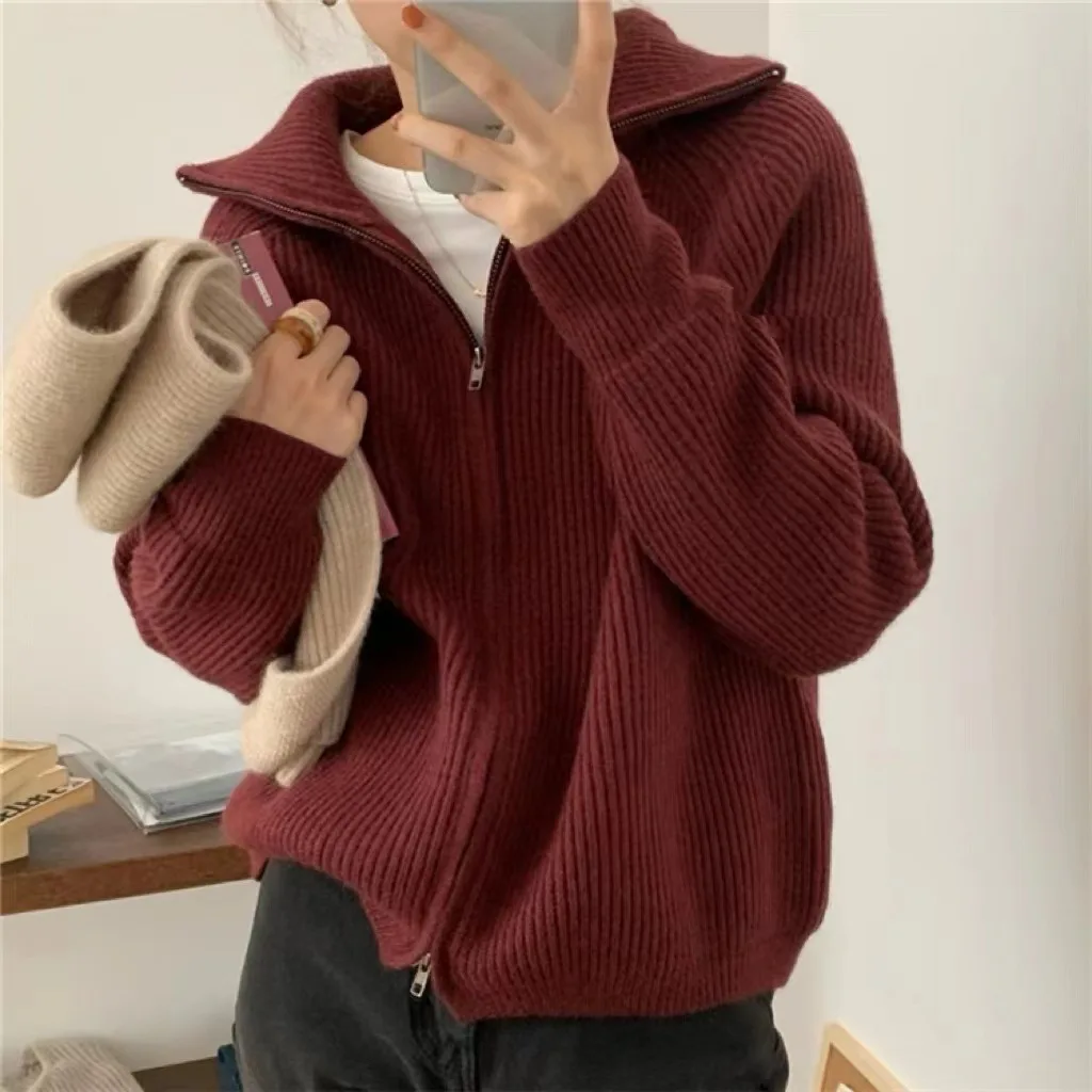 Cardigan en Tricot à Double Extrémité avec Fermeture Éclair pour Femme, Haut Court, Col Coloré, Manteau Slim et Chaud, Mode Coréenne Américaine, Automne et Hiver, XK33