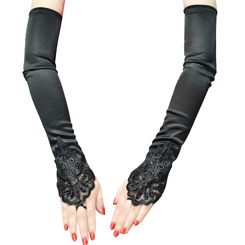 Black Sexy Lace Embroidery Hook Finger Gloves Cosplay Party Etiquette Fingerless Gloves For Women 48cm Long Satin Gloves Mittens