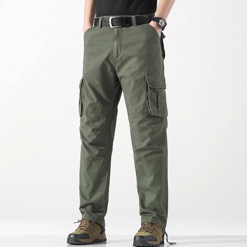 Mens Cargo Pants Heavy Weight Cotton Streetwear Casual Military Trousers Men Warm Straight Outdoors Work Pants Men