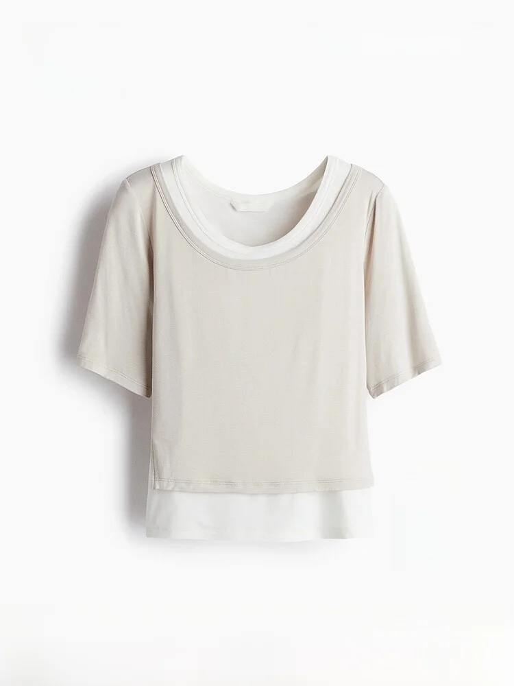 

H&M Summer Women's Fashion Casual Multi-layer Top 1306321 Short Sleeve Regular Length Blend Fiber T-shirt Ladies Fashion