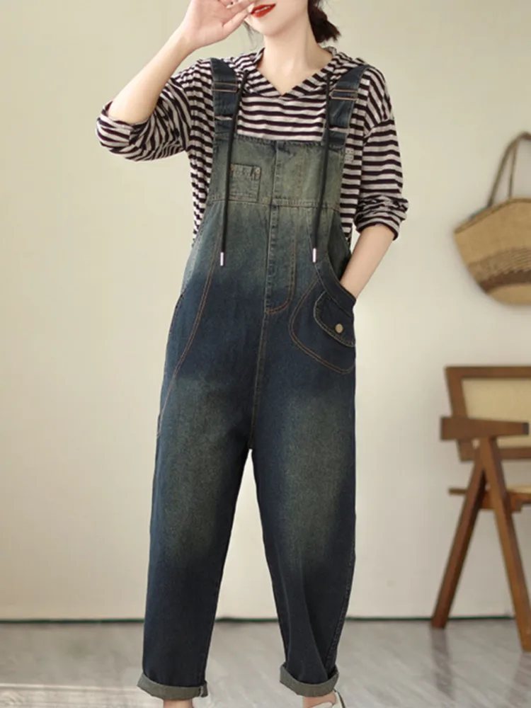 # 1469 ตรงDenim Overallsผู้หญิงหลวมVINTAGE Gradient Blue DENIM Jumpsuits Rompersหญิงฤดูใบไม้ผลิฤดูใบไม้ร่วง