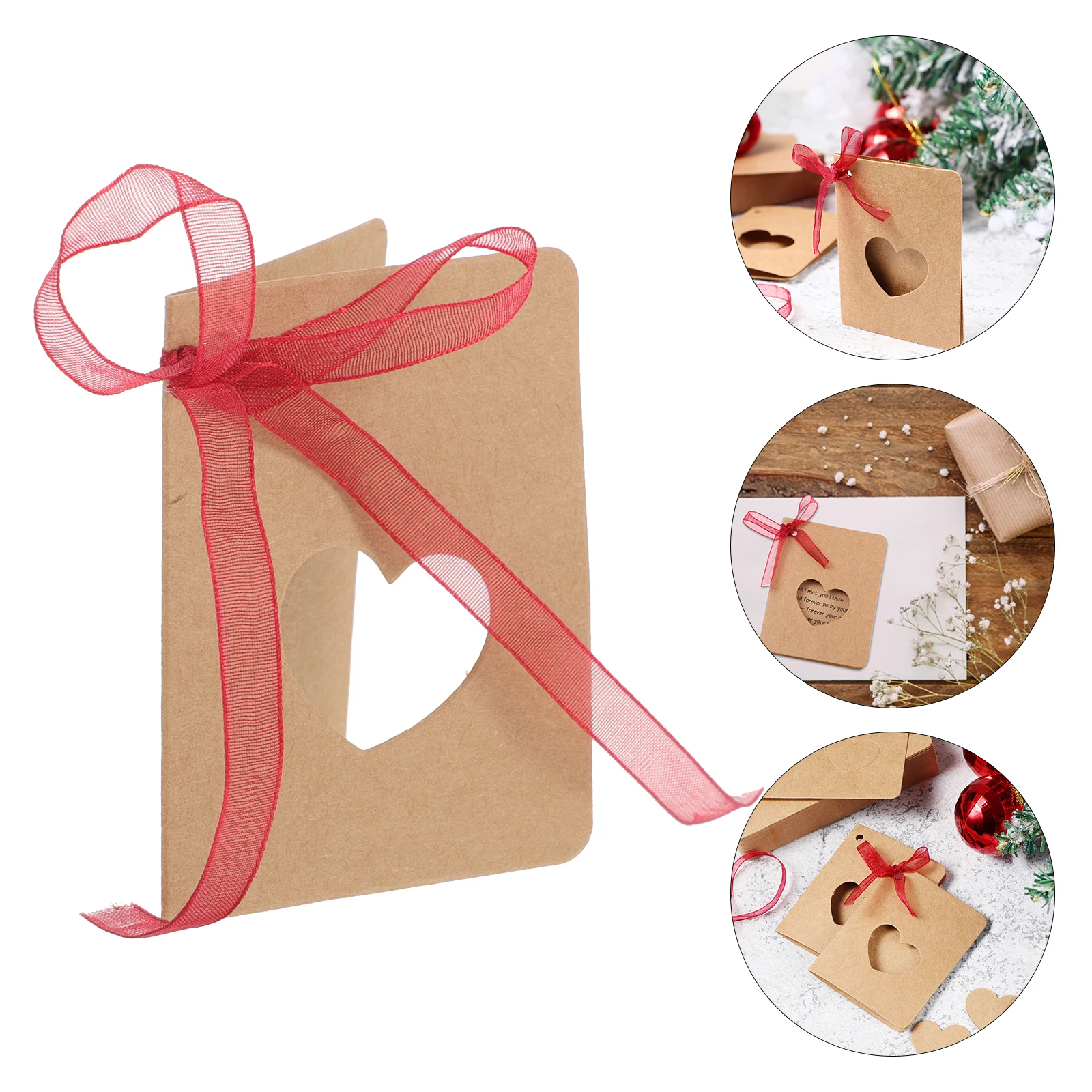 

50pcs Heart Shaped Kraft Paper Tags With Red Rope Foldable Hollow Design Lightweight Memo Labels For Wedding Birthday Decoration