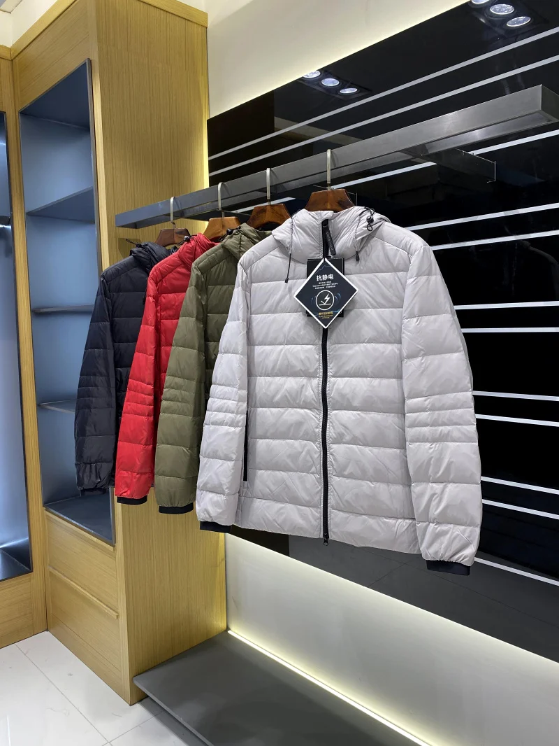 High-End-Herren-Daunenjaet, leicht, lässig, Outdoor, mit Kapuze, Du-Daunen, neuer Wintermantel, Reißverschluss, Polyesterstoff