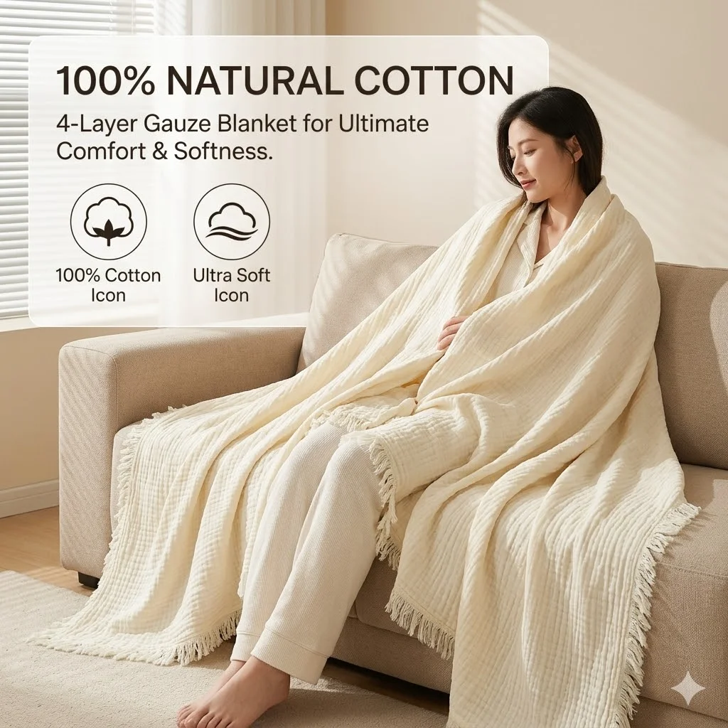 

Luxury 100% Cotton Gauze Blanket Boho Muslin Throw with Tassels Breathable 4-Layer Bedspread for Bed Sofa Couch Aesthetics