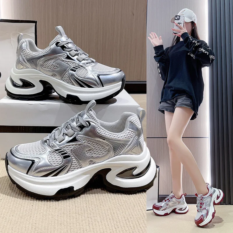 

2025 Thick-Soled Dad Shoes for Women Mesh Breathable Fashionable silver Height-Increasing Casual Sneakers Trendy Shoes