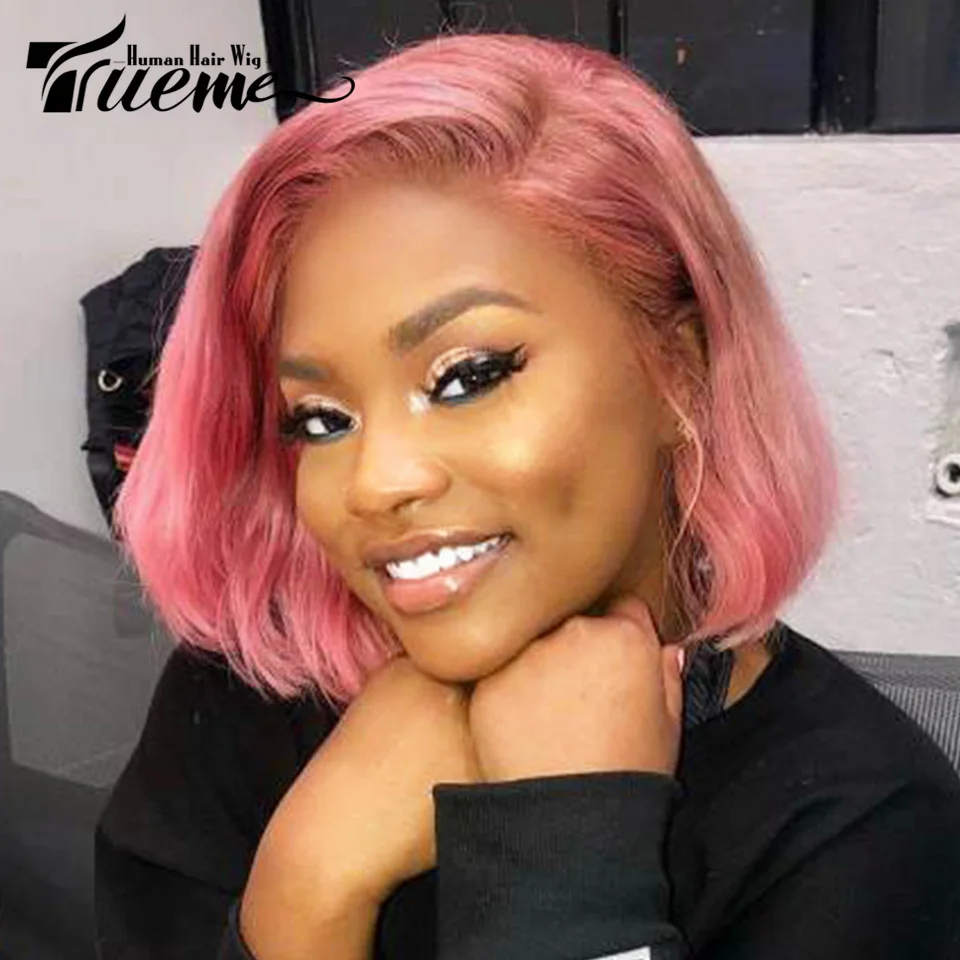 Trueme Pink Human Hair Wigs Lace Front Straight Bob Wigs For Women Ombre Pink Brazilian Transparent Lace Bob Human Hair Wig