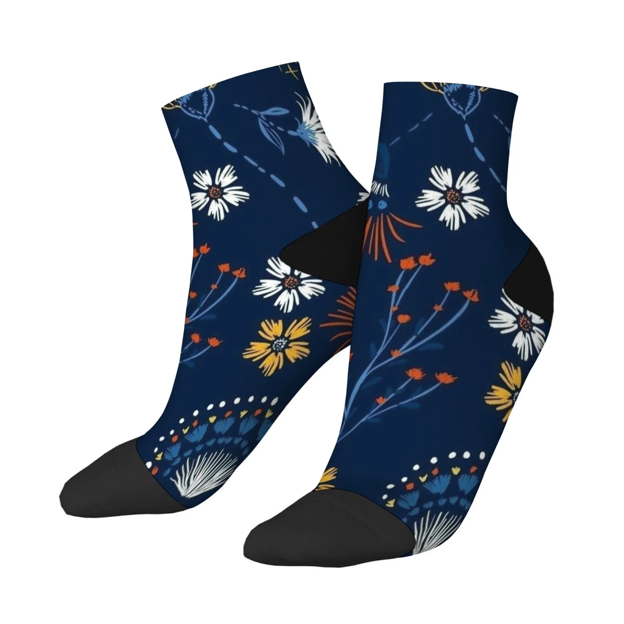 Blaue künstlerische Blumen, kurze Socken, Polyester-Mischung, bequeme Freizeitsocken für Damen und Herren, Unisex, weich, atmungsaktiv, leicht