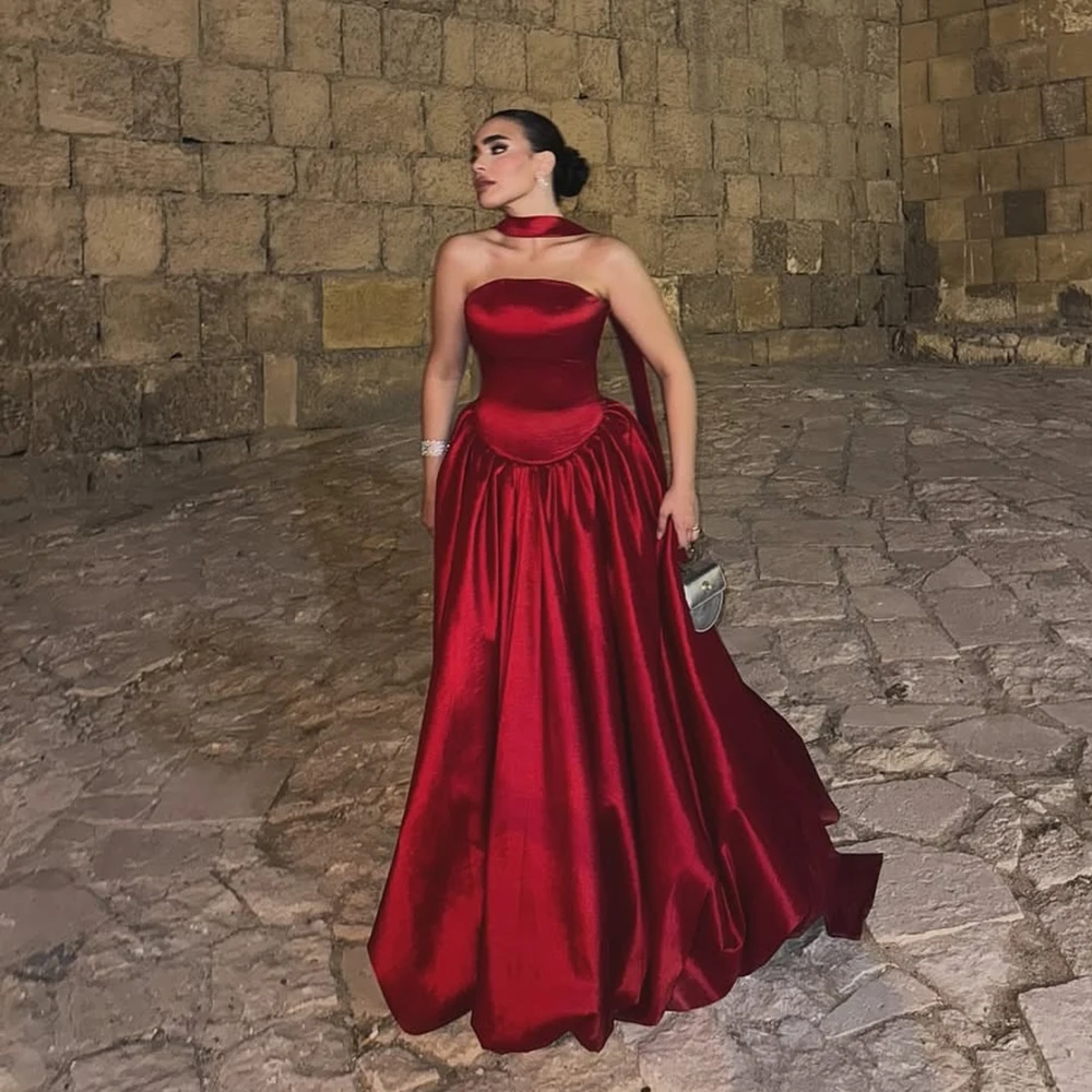 

Msikoods атласные красные длинные платья для выпускного вечера 2025 элегантные вечерние платья без бретелек накидка трапециевидной формы женские длинные вечерние платья по индивидуальному заказу