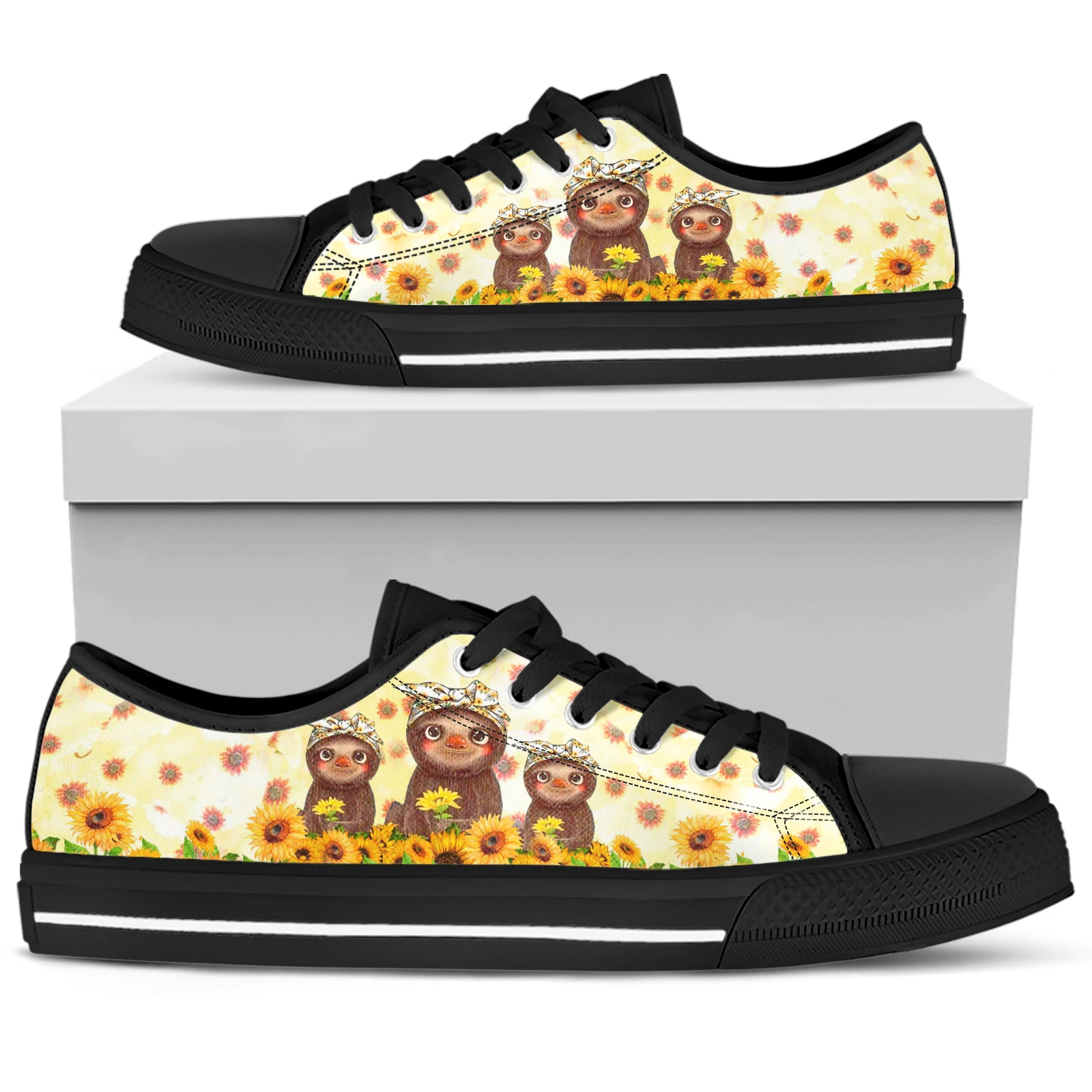 ELVISWORDS Sunflower Print Cartoon Sloth Design Brand Canvas Shoes Lightweight Lace-up Outdoor Shoes Soft Sole Walking Shoes