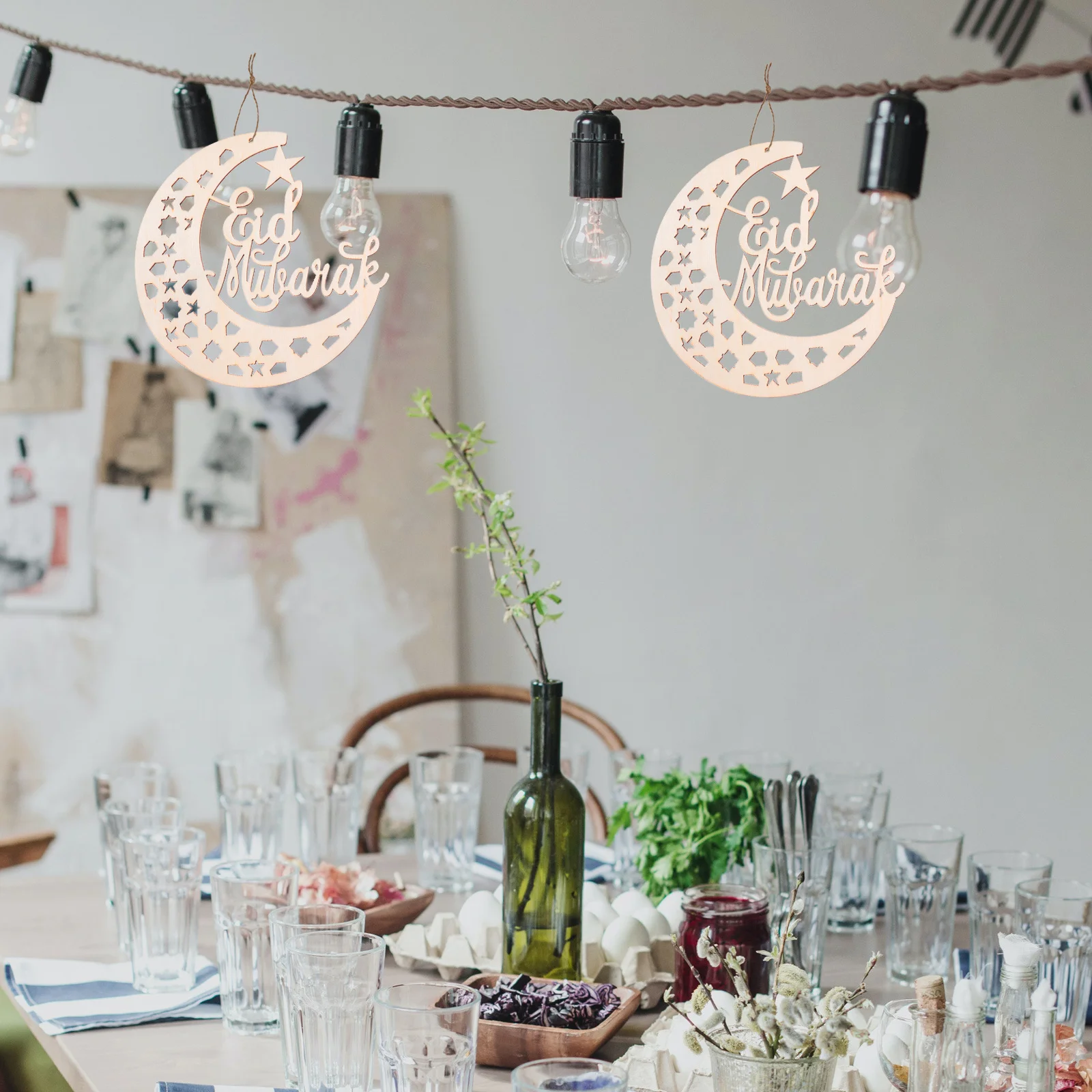 6Pcs Wooden Eid Festival Pendants Creative Home Garden Decorations Ecofriendly Ramadan Theme Hanging Adornments