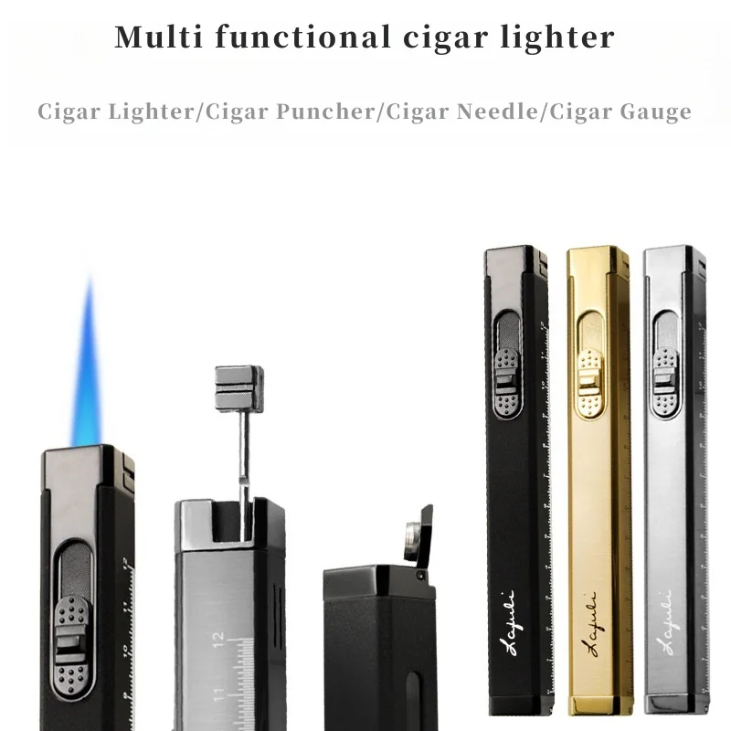 Metal Outdoor Rectangular Cigar Lighter With Measuring Scale Blue Single Torch Multifunctional Cigar Tool Gas Lighter Men's Gift