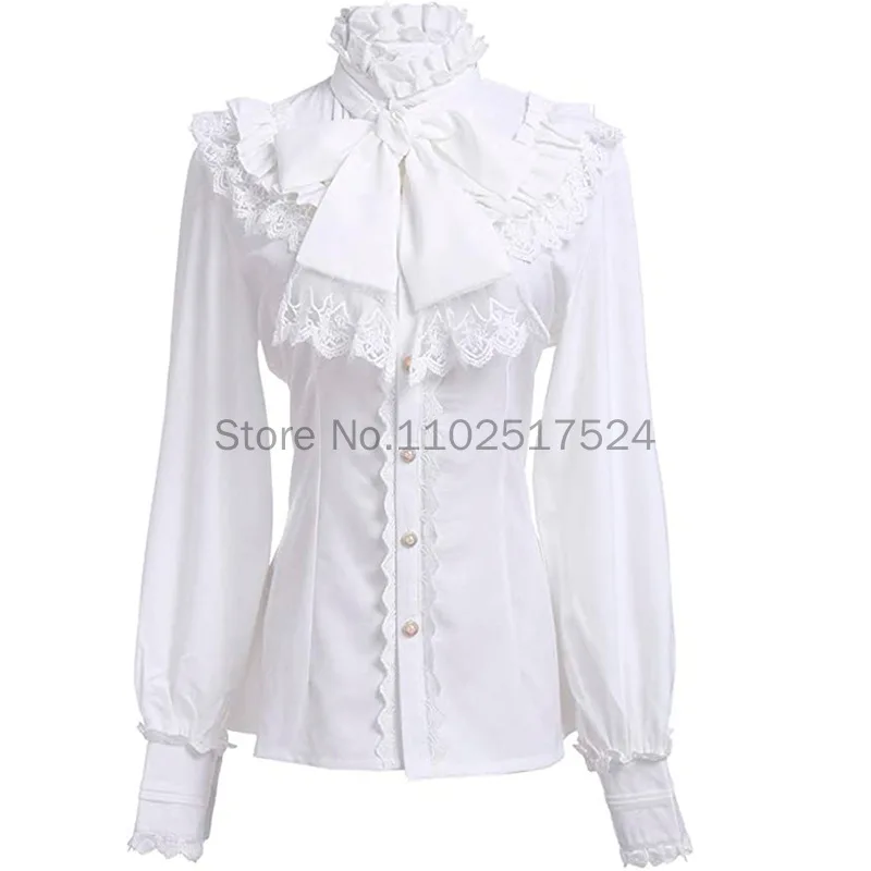 Vintage Chiffon Lolita Shirt For Women Elegant Stand Collar Lantern Sleeves Lace Patchwork Lolita Tops Female Gothic Slim Blouse