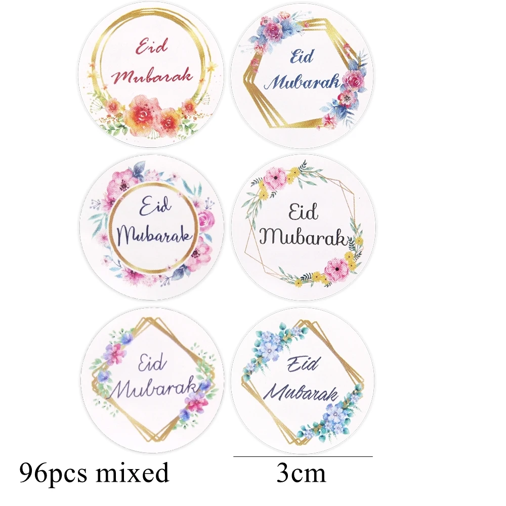 96PCS Flower Wreath Stickers Eid Mubarak Paper Stickers for Ramadan Kareem Muslim Islamic Party Decoration Gifts Wrapping Supply