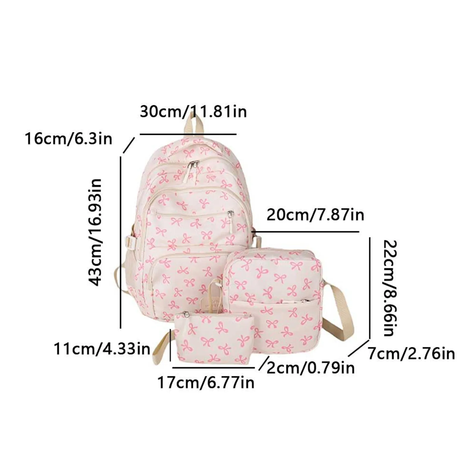 حقيبة ظهر نسائية كورية عصرية مطبوعة بفيونكة خفيفة الوزن وبسيطة حقيبة مدرسية للطلاب قابلة للتعديل طقم حقيبة نسائية مكون من ثلاث قطع