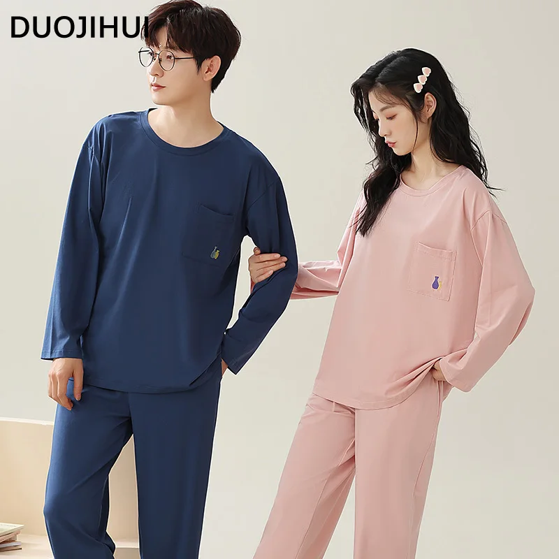 DUOJIHUI Simple Couple Clothes Casual Home Pajamas for Women Autumn New Basic Loose Pure Color Fashion Pocket Female Pajamas Set