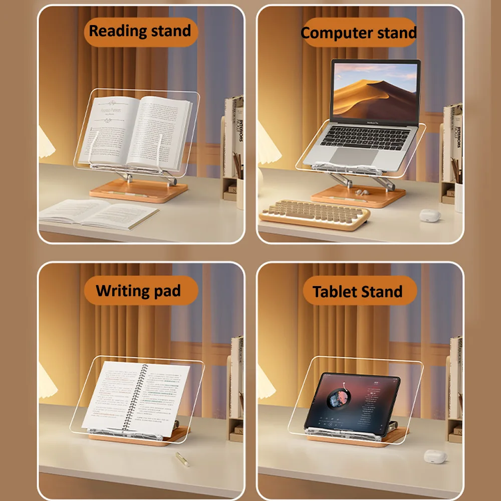 Wooden Reading Stand with light Transparent Acrylic Multifunction Lifting Tablet Holder Laptop Bracket Desktop Storage Bookshelf